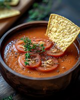 Fresh tomato gazpacho soup garnished with sliced tomatoes, herbs, black pepper in brown ceramic bowl, served with crispy tortilla chip. Food photography.