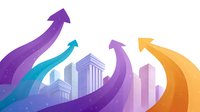 Colorful ascending arrows rising above urban cityscape silhouette against gradient background, representing business growth and urban development progress.