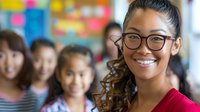 Young African American female teacher smiling in colorful elementary classroom with diverse students in background for education and learning concepts.