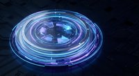 Futuristic holographic circular interface with glowing blue and purple neon rings on dark digital background for technology and sci-fi projects.