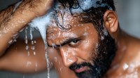 Middle Eastern man with wet beard and hair taking shower, water drops falling on face, close up portrait showing intense gaze and masculine features.