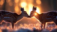 Two young deer silhouettes touching noses at sunset with magical bokeh lights and snow falling, creating romantic wildlife moment in golden winter atmosphere.