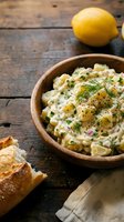 Creamy potato salad with fresh dill and lemon garnish served in rustic bowl on wooden table with fresh lemon and bread.