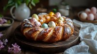 Sweet braided Easter bread decorated with colorful painted eggs on wooden board, traditional holiday baking with natural light and spring flowers.