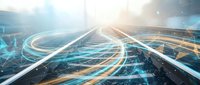 Futuristic highway with glowing light trails and digital network connections representing smart transportation technology and connectivity infrastructure.