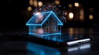 Glowing blue hologram house emerging from smartphone screen with sparkle effects and bokeh background, representing smart home technology and digital real estate.