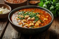 Spicy red soup with chicken meat, herbs and vegetables served in ceramic bowl on rustic wooden table. Traditional hot soup garnished with fresh cilantro.