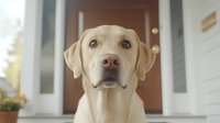 Yellow Labrador Retriever dog with gentle expression sitting at front door entrance, looking directly at camera with soft brown eyes and alert expression.