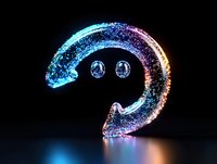 Glowing neon smiley face with sparkle effect on black background, multicolored gradient from blue to pink creates modern emoji design with glitter texture.