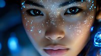 Young Asian woman with glowing sparkles and blue lights on face in dark setting, ethereal beauty portrait with magical luminous makeup effects and dreamy atmosphere.