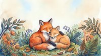 Adult fox and young fox cub cuddling together in natural woodland setting surrounded by wildflowers, foliage and plants. Suitable for children's books, nursery decor and educational materials.