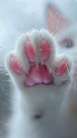 Close-up of white cat paw pressed against glass window with water droplets, showing pink paw pads and delicate fur details.