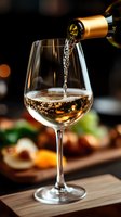 White wine pouring from golden bottle into glass with fresh fruit and charcuterie board blurred in background, perfect for food and beverage.