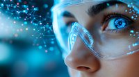 Glowing blue eyes behind protective transparent glasses with digital particles and cyber effects in futuristic technological concept.