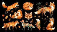 Watercolor fox collection featuring multiple poses and autumn elements isolated on transparent background, ready for t-shirt design, clipart, stickers, sublimation, and print-on-demand projects.