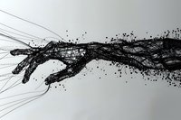 Abstract black geometric hand reaching forward with dispersing particles and connecting lines creating dynamic motion effect on light background.