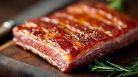 Raw pork belly with crispy skin and rosemary sprig on wooden cutting board, close up view showing marbled meat texture and glazed surface.
