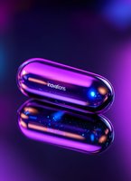 Futuristic metallic pill capsule with neon purple reflection on dark background, glowing blue particles inside creating mysterious sci-fi atmosphere.