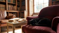 Cozy home library with black cat sleeping on burgundy armchair near bookshelf and window creating warm reading atmosphere for interior design concepts.