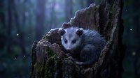 Young opossum perched on mossy tree trunk in enchanted forest with magical glowing lights creating mystical woodland atmosphere for nature photography.