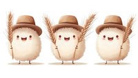 Cute cartoon wheat characters wearing brown hats and holding stalks, smiling with kawaii faces on isolated background. For children's book illustrations and farming themes.