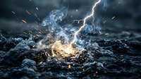 Dramatic lightning strike hitting rocky ground with explosive sparks and smoke effects during intense thunderstorm creating powerful energy burst.