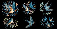 Watercolor swallows clipart set with floral elements, isolated on transparent background. Six compositions for t-shirt design, stickers, print on demand, and sublimation.