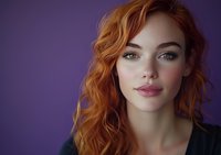 Young woman with natural red wavy hair and green eyes against purple background, wearing minimal makeup and dark top, looking directly at camera with soft smile.