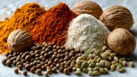 Aromatic spices and herbs collection with turmeric, paprika, nutmeg, cardamom, allspice and fennel seeds on rustic surface.