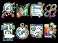 Colorful business analytics icons set featuring growth charts, checklists, compass, gauges, and data visualization tools. Isolated on transparent background, ready for t-shirts, clipart, stickers, print-on-demand, and sublimation designs.