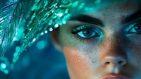 Young woman with freckles and bright blue eyes in dramatic turquoise lighting with glitter and sparkles creating magical atmosphere for beauty and fashion photography.