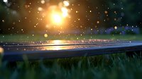 Magical sunset view with glowing bokeh lights reflecting on wet surface against blurred grass background, creating dreamy atmospheric scene.