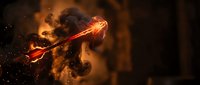 Fiery molten metal sword with glowing orange flames and sparks against dark smoky background for fantasy gaming and medieval combat concepts.