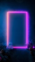 Glowing neon pink rectangular frame against dark blue background with pine branches and cones, creating mystical winter atmosphere for seasonal designs.
