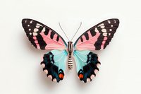 Colorful butterfly with pink and turquoise wings featuring black patterns and orange spots, isolated on white background. Decorative element for nature designs.