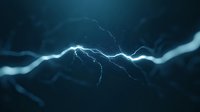 Dramatic electric lightning arc on dark background with glowing blue energy streams and smoke effects, creating atmospheric supernatural phenomenon.