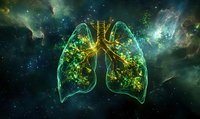 Glowing translucent human lungs with golden bronchi floating in cosmic space surrounded by colorful nebulae and stars, medical science concept visualization.