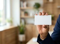 Close-up of male hand holding blank white business card in modern office environment with wooden furniture and plants for corporate branding.