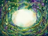 Enchanted forest frame with magical glowing moon, mystical plants and golden swirls creating fairy tale border for fantasy designs and storytelling.