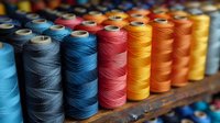 Colorful sewing thread spools arranged in rows on wooden shelf, featuring vibrant blue, red, yellow and orange tones for crafting and textile projects.