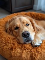 Golden retriever dog with blue eyes lying on orange fluffy bed at home, looking directly at camera with gentle expression. Close up portrait shows soft fur and calm demeanor.