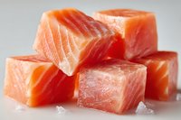 Fresh raw salmon cubes with vibrant orange-pink color and visible texture on white background, ready for cooking in gourmet seafood dishes.