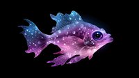 Magical glowing fish in pink and blue colors with sparkles and stars swimming in dark space, fantasy underwater creature with luminescent fins and scales.