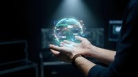 Businessman holding holographic Earth globe with digital network connections in futuristic office environment for global business technology concepts.
