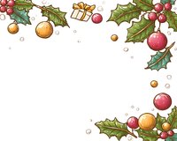 Festive holly leaves with red berries and gold ornaments creating decorative Christmas border frame on white background.