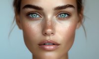 Close up portrait of young woman with natural freckles, bright blue eyes, full lips and flawless skin showing fresh natural beauty makeup look against blue background.