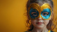 Young girl wearing ornate blue and gold Venetian carnival mask smiling against vibrant yellow background, curly hair framing face. Perfect for carnival themes and celebrations.