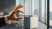 Male hand in business suit gesturing near modern office window with city skyline view, representing leadership, success, and corporate communication for business presentations.