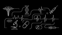 Medical healthcare concept with connected line art icons including caduceus, DNA, heartbeat, syringe, pills and microscope on black background.