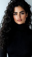 Young Middle Eastern woman with long curly dark hair wearing black turtleneck sweater against light background. Natural makeup and confident expression for beauty and fashion content.